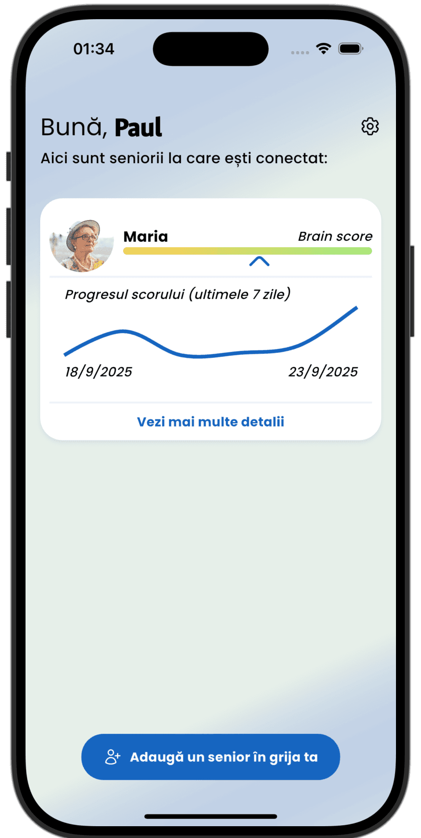 Aplicația Eldie - ecran Îngrijitor